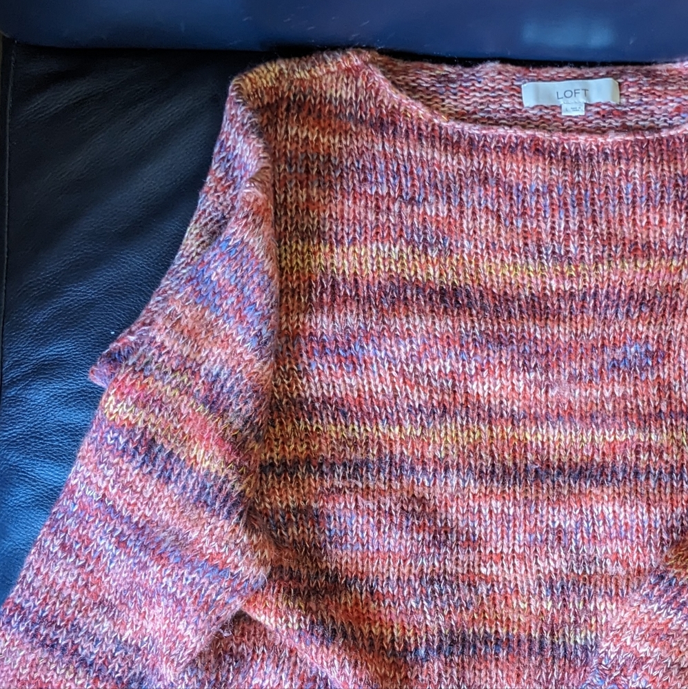 LOFT Marled Multicolor Bateau Boat Neck Sweater | Rainbow Knit Top, Sz L
